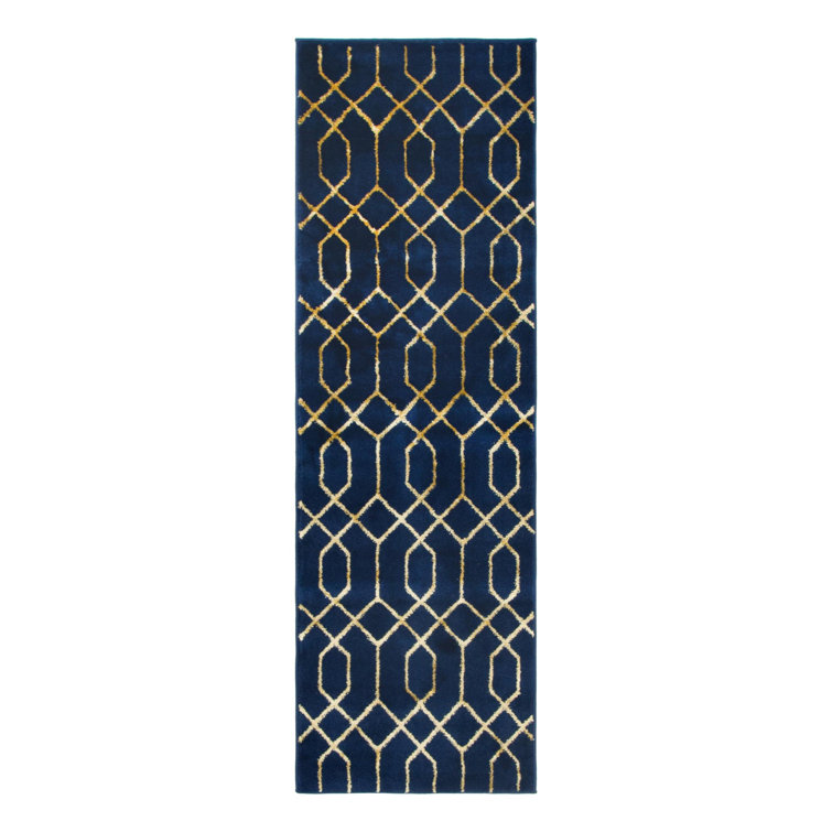 Regency Era Navy Blue & Gold Trellis Synthetic Runner Rug