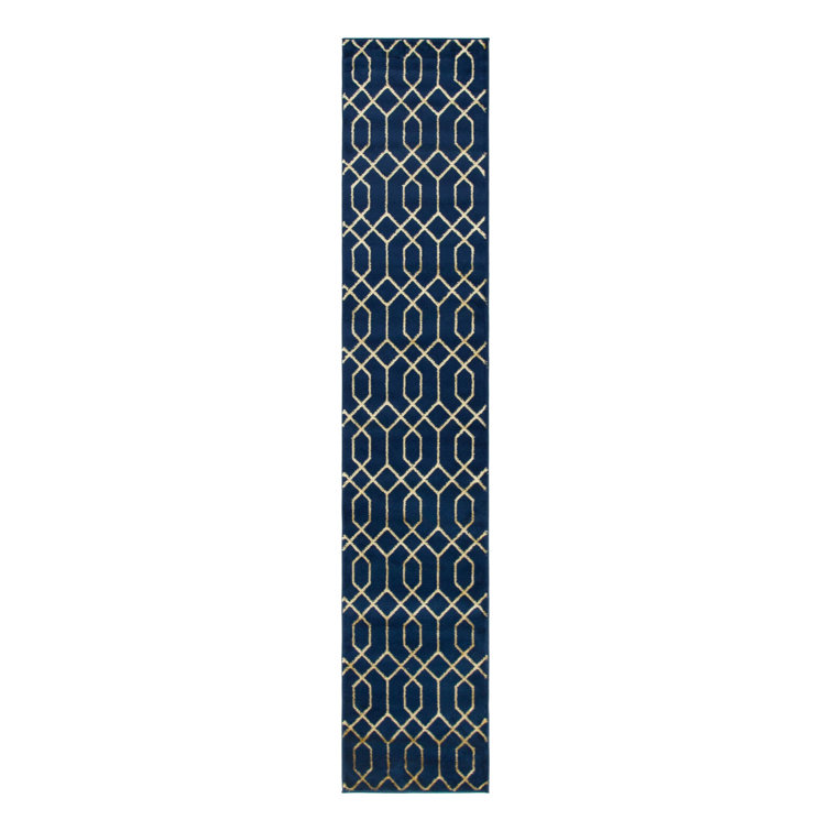 Navy Blue and Gold Trellis Synthetic Runner Rug