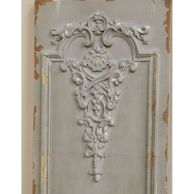 Aged Gray Ornate Scrollwork Wooden Wall Panel