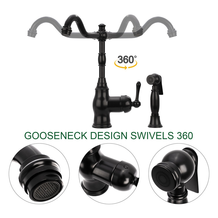 Matte Black Brass One-Handle Widespread Kitchen Faucet with Side Sprayer