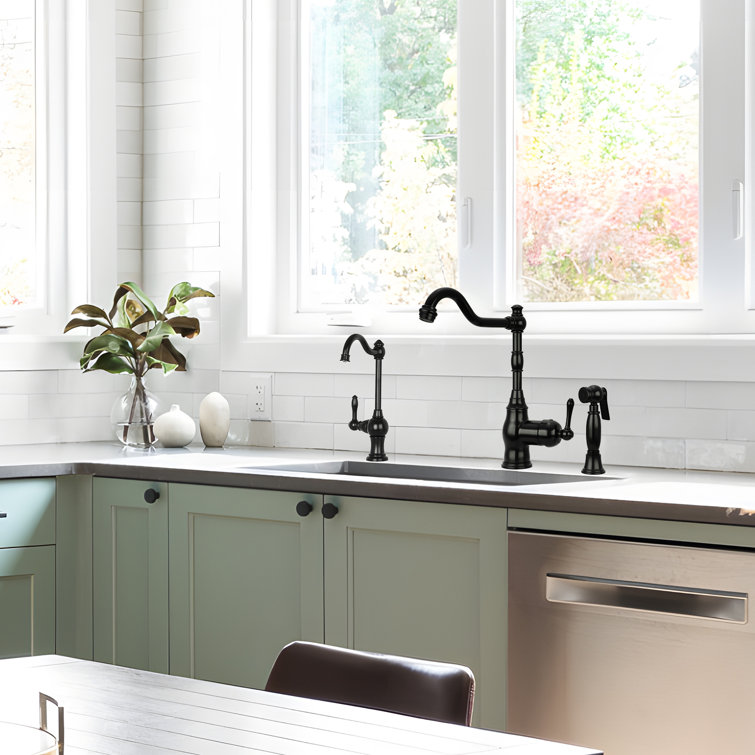 Matte Black Brass One-Handle Widespread Kitchen Faucet with Side Sprayer