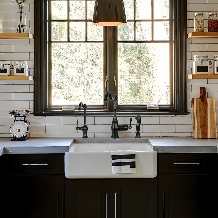 Matte Black Brass One-Handle Widespread Kitchen Faucet with Side Sprayer