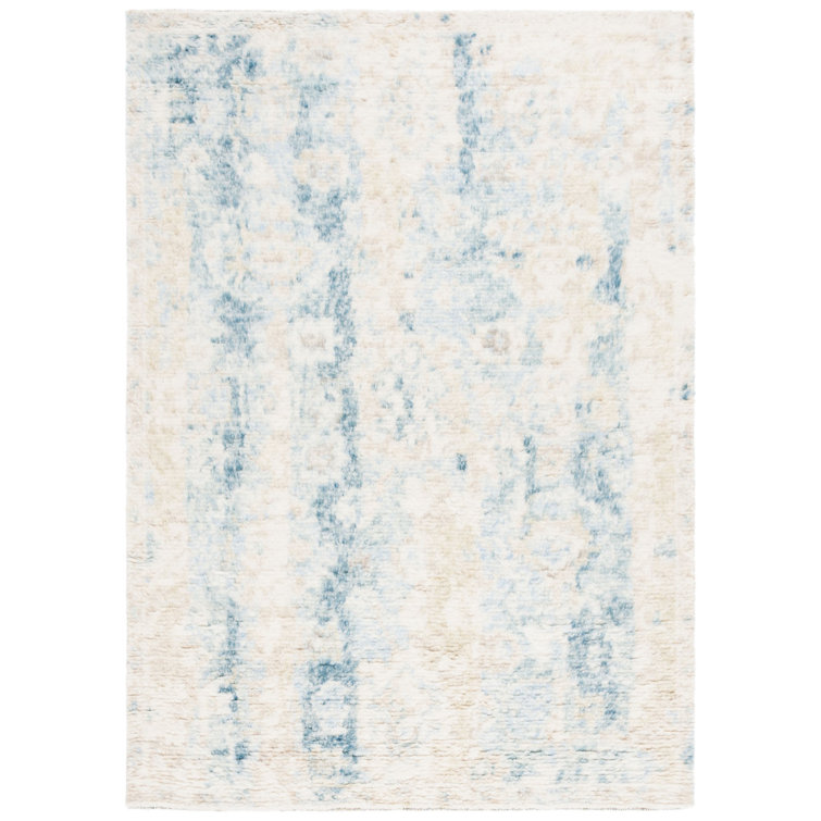 Hand-Knotted Blue and Ivory Wool 6' x 9' Area Rug