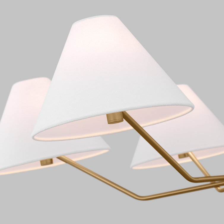 Elegant Mid-Century Satin Brass 6-Light Chandelier with White Linen Shade