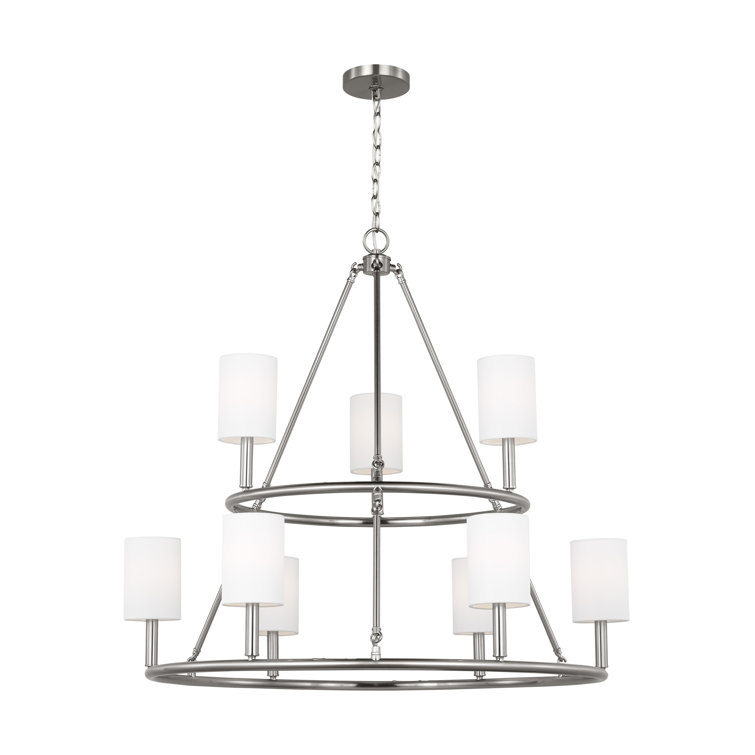 Egmont Brushed Steel 9-Light Chandelier with White Linen Shades