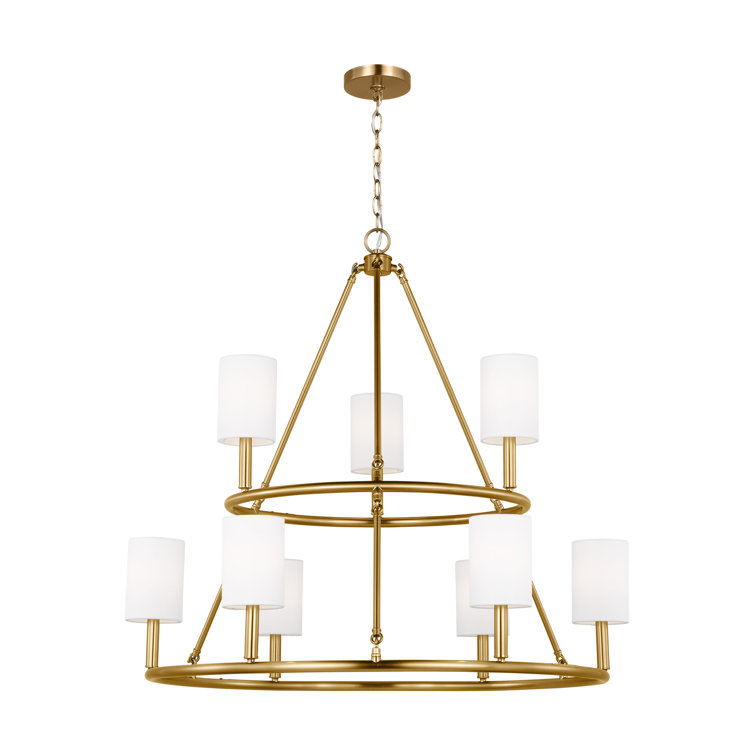 Egmont Satin Brass 9-Light Chandelier with White Linen Shades