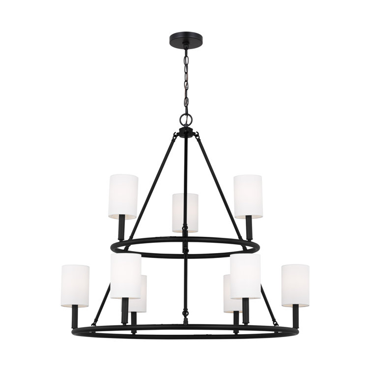 Midnight Black 9-Light Chandelier with White Linen Shades