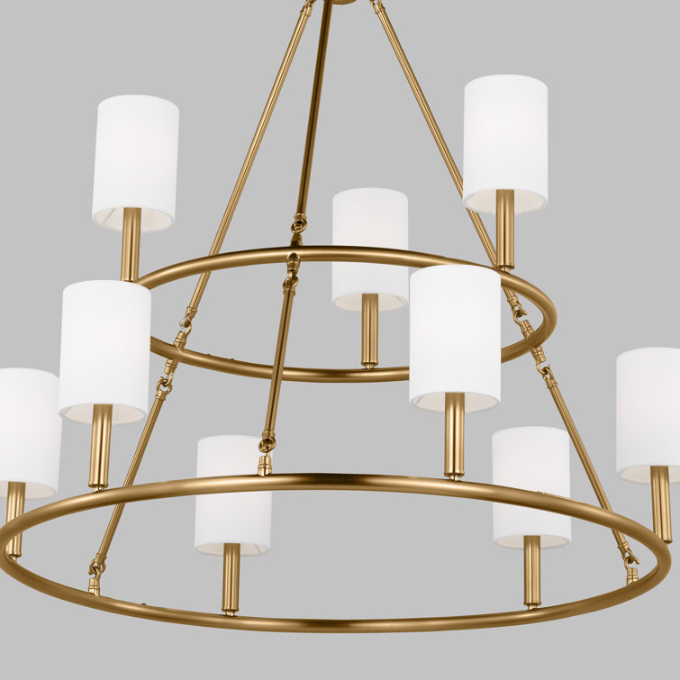 Egmont Satin Brass 9-Light Chandelier with White Linen Shades