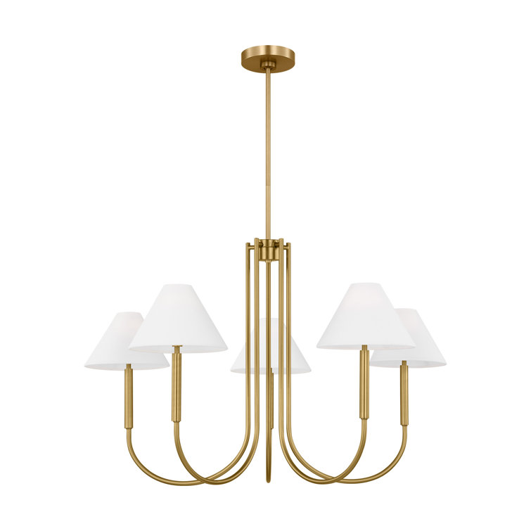 Satin Brass 6-Light Chandelier with White Linen Shades