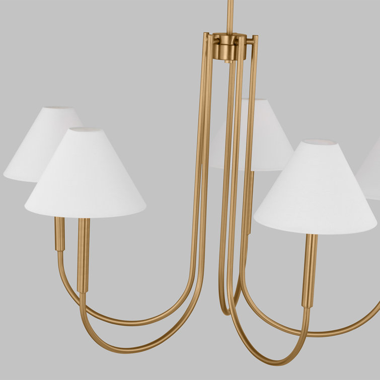 Satin Brass 6-Light Chandelier with White Linen Shades