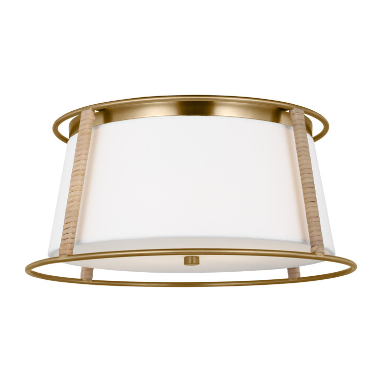 Satin Brass and White Linen 2-Light Drum Flush Mount