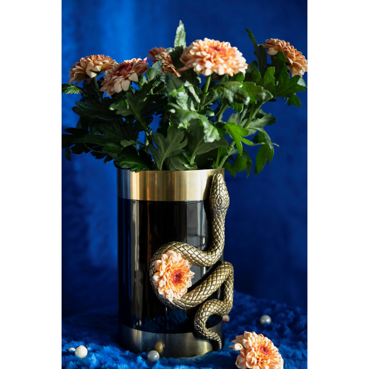 Gold and Black Metal Decorative Table Vase with Snake Design