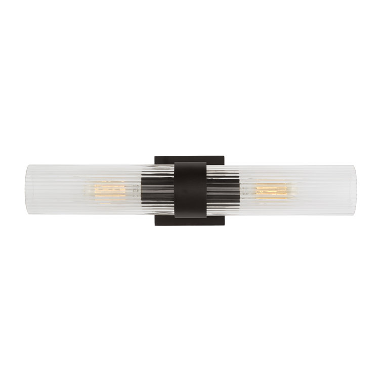 Aged Iron 2-Light Dimmable Cylinder Bath Sconce with Clear Fluted Glass
