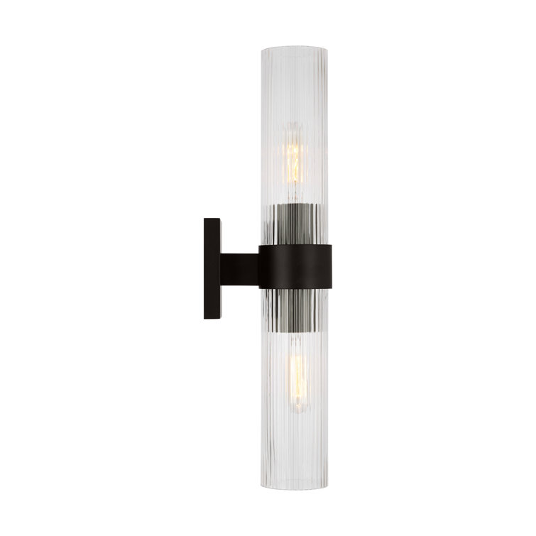 Aged Iron 2-Light Dimmable Cylinder Bath Sconce with Clear Fluted Glass