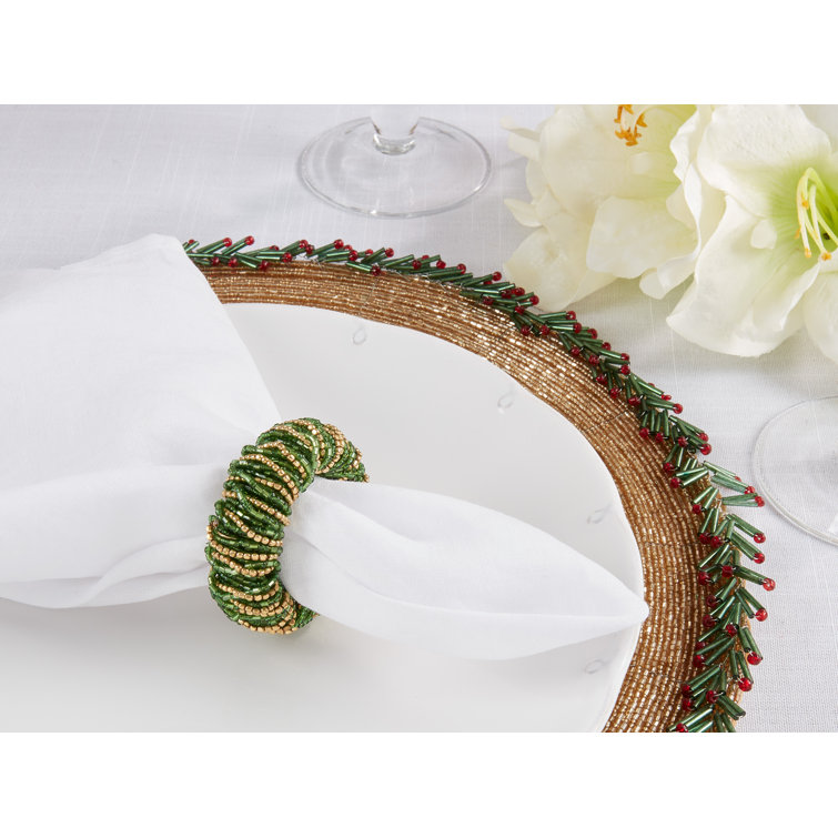 Green and Gold Glass Beaded Napkin Rings Set of 4