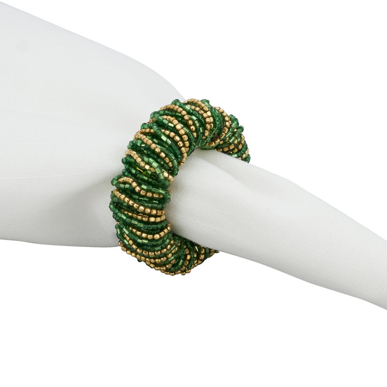 Green and Gold Glass Beaded Napkin Rings Set of 4