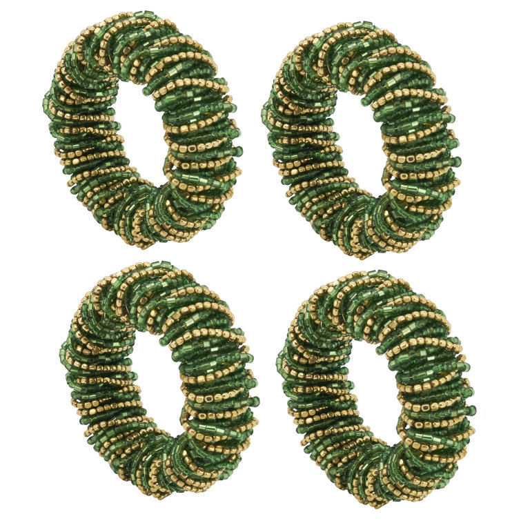 Green and Gold Glass Beaded Napkin Rings Set of 4