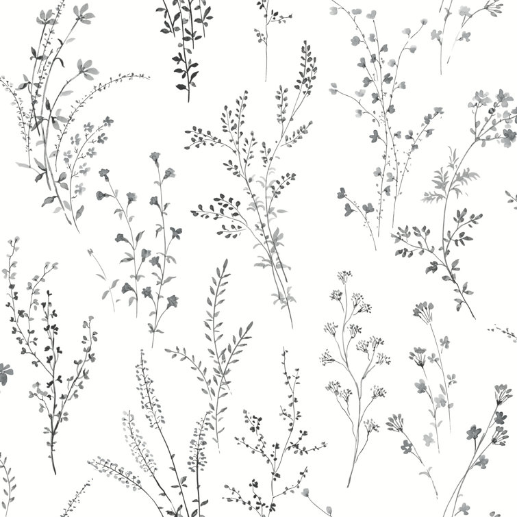 Black and White Wildflower Sprigs Peel and Stick Wallpaper