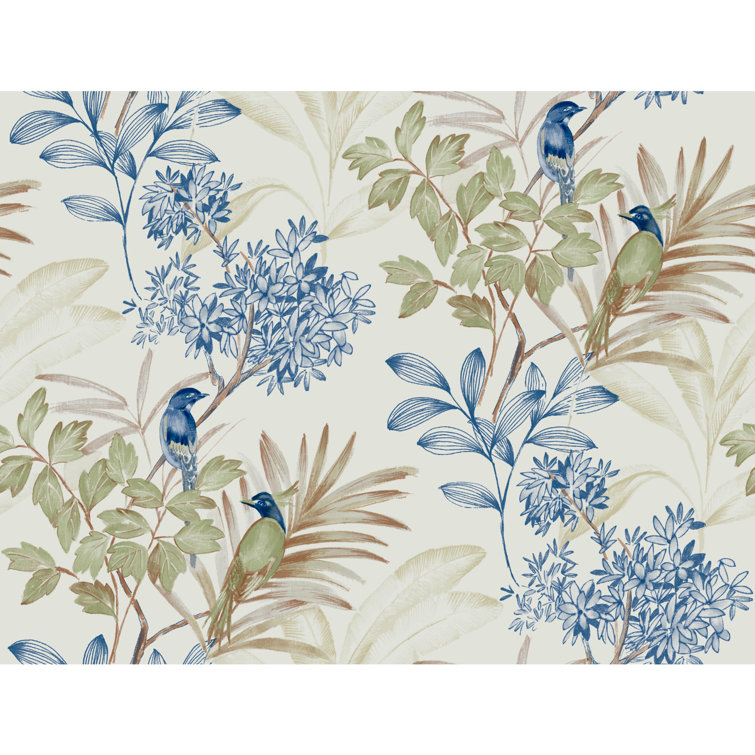 Green and Blue Handpainted Songbird Peel & Stick Wallpaper