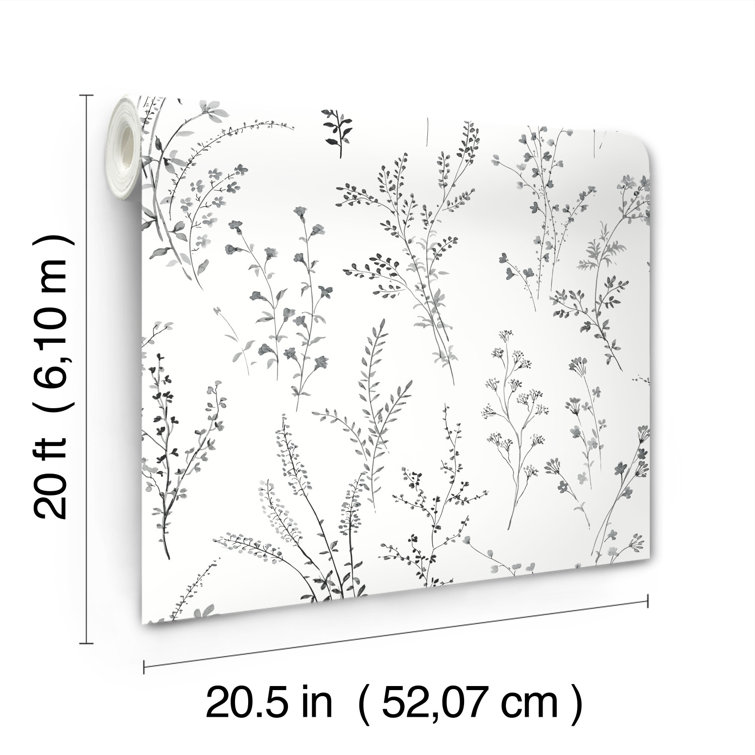 Black and White Wildflower Sprigs Peel and Stick Wallpaper