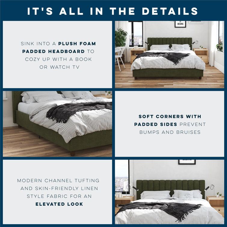 Green Linen Upholstered Queen Platform Bed with Oak Legs