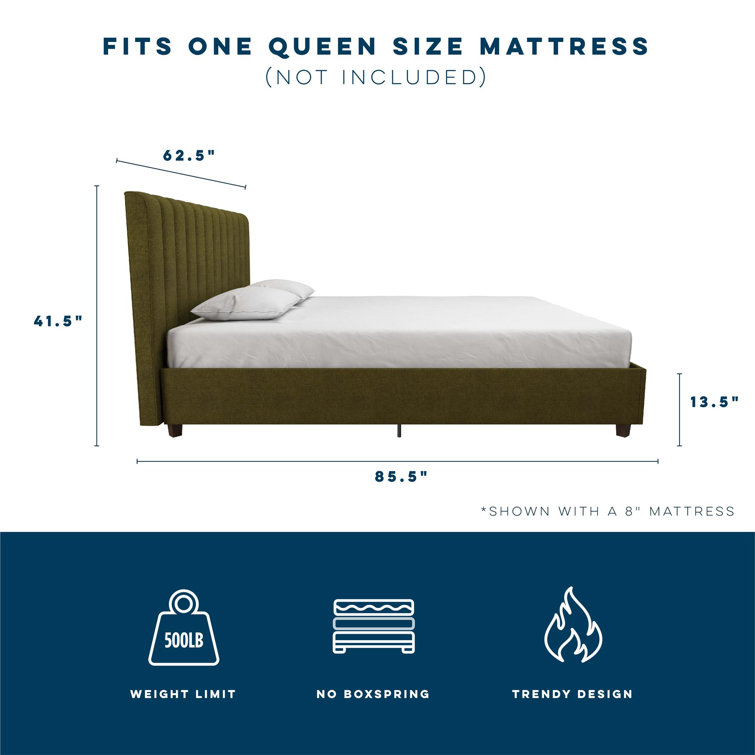 Green Linen Upholstered Queen Platform Bed with Oak Legs