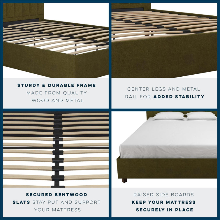 Green Linen Upholstered Queen Platform Bed with Oak Legs