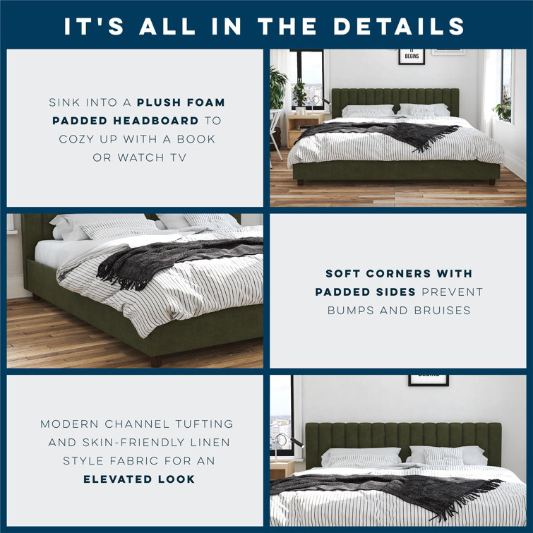 King Green Linen Upholstered Platform Bed with Oak Legs