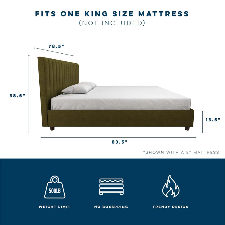 King Green Linen Upholstered Platform Bed with Oak Legs
