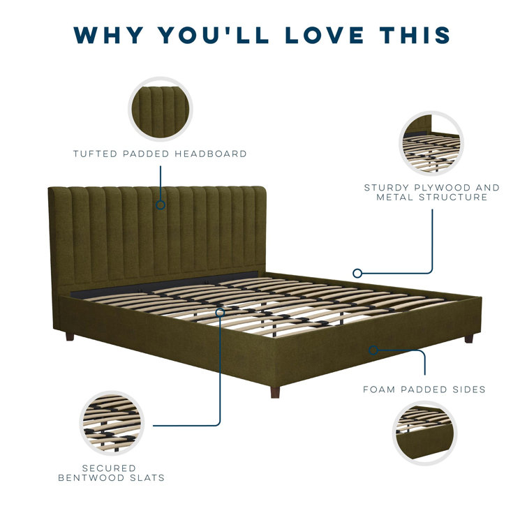 King Green Linen Upholstered Platform Bed with Oak Legs