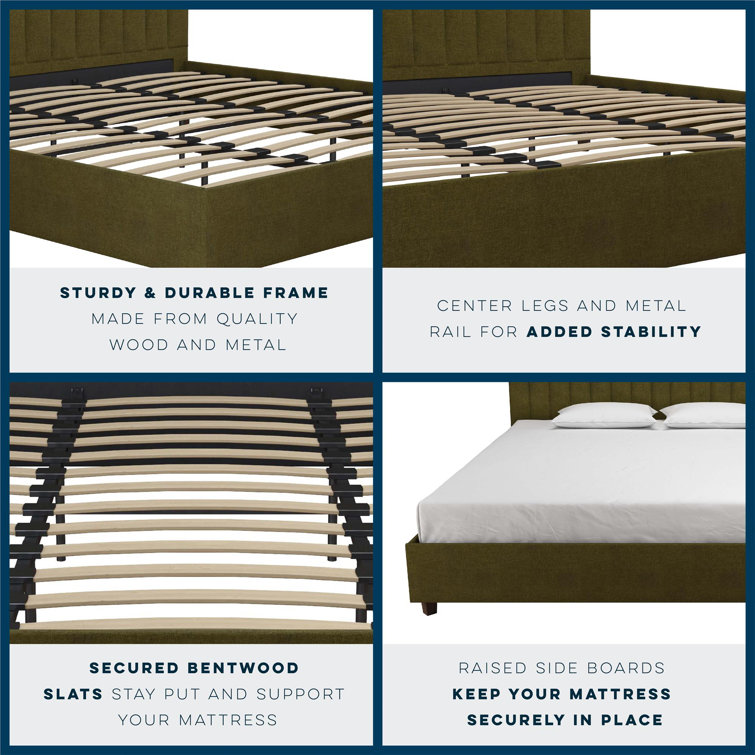 King Green Linen Upholstered Platform Bed with Oak Legs