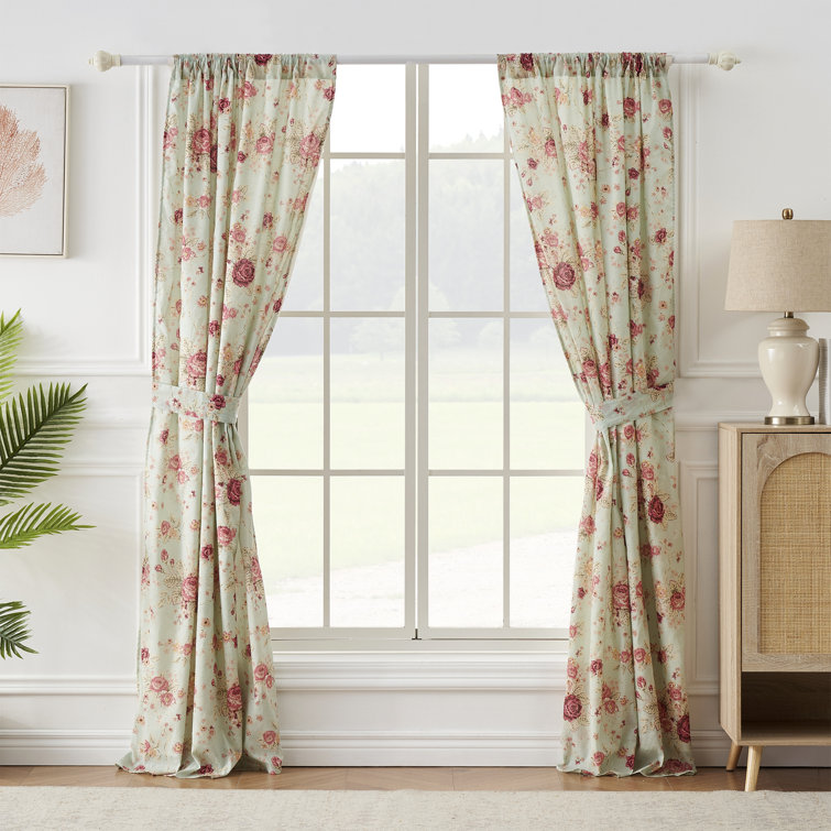 Seafoam Antique Rose Cotton Light-Filtering Rod Pocket Curtain Panels