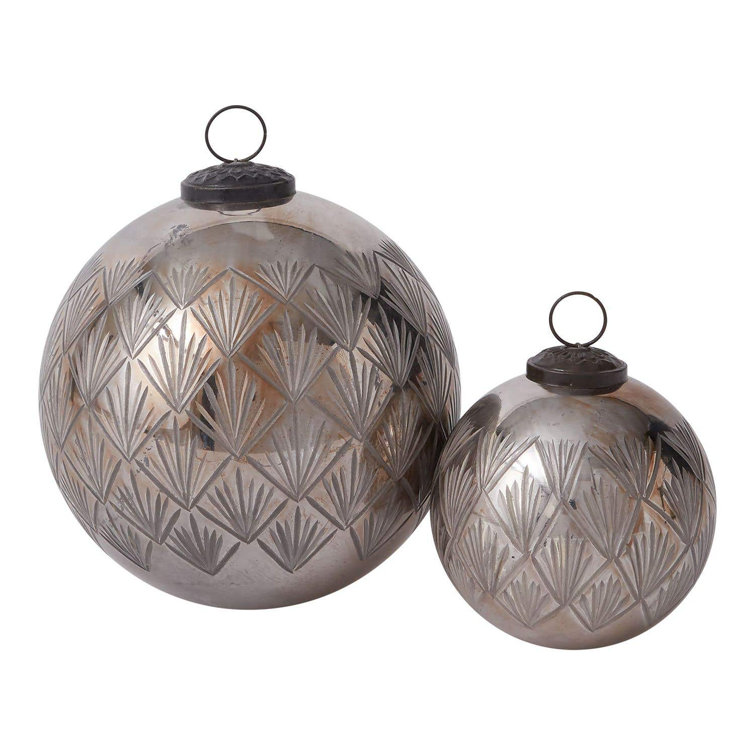 Vintage Silver Metal Etched Ball Ornament Set