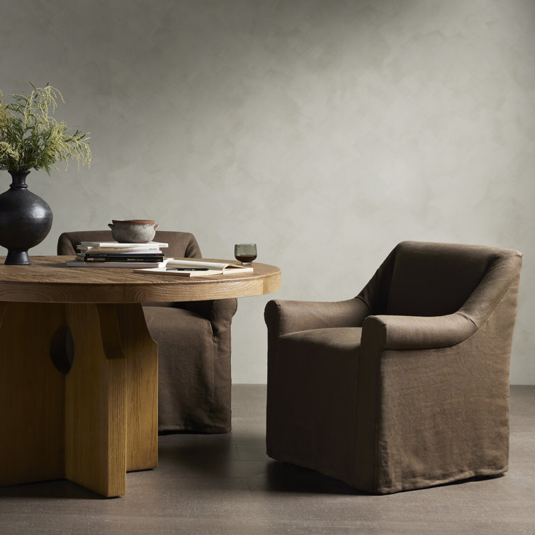 Brown Linen Upholstered Arm Chair with Wood Frame