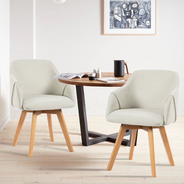 Beige Linen Upholstered Swivel Side Chair with Beech Wood Legs, Set of 2
