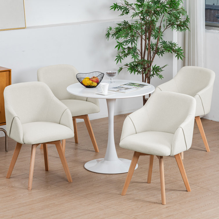 Beige Linen Upholstered Swivel Side Chair with Beech Wood Legs, Set of 2