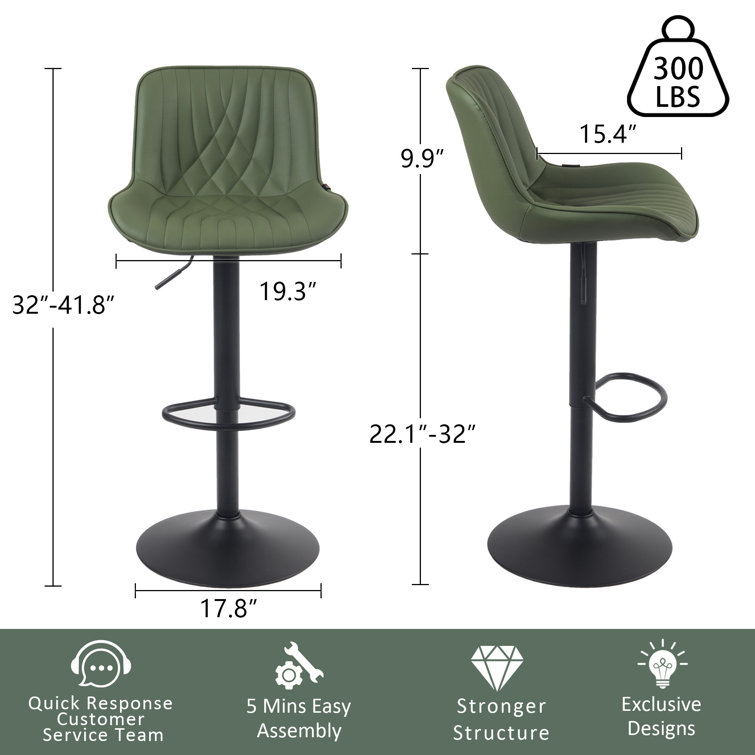 Bean Green Adjustable Swivel Faux Leather Bar Stools with Iron Base
