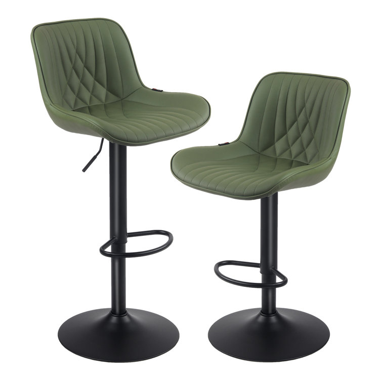 Bean Green Adjustable Swivel Faux Leather Bar Stools with Iron Base