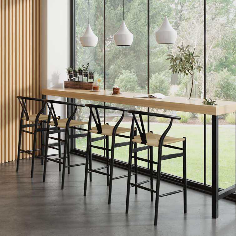 Black and Natural Wood Counter Stool with Wicker Seat