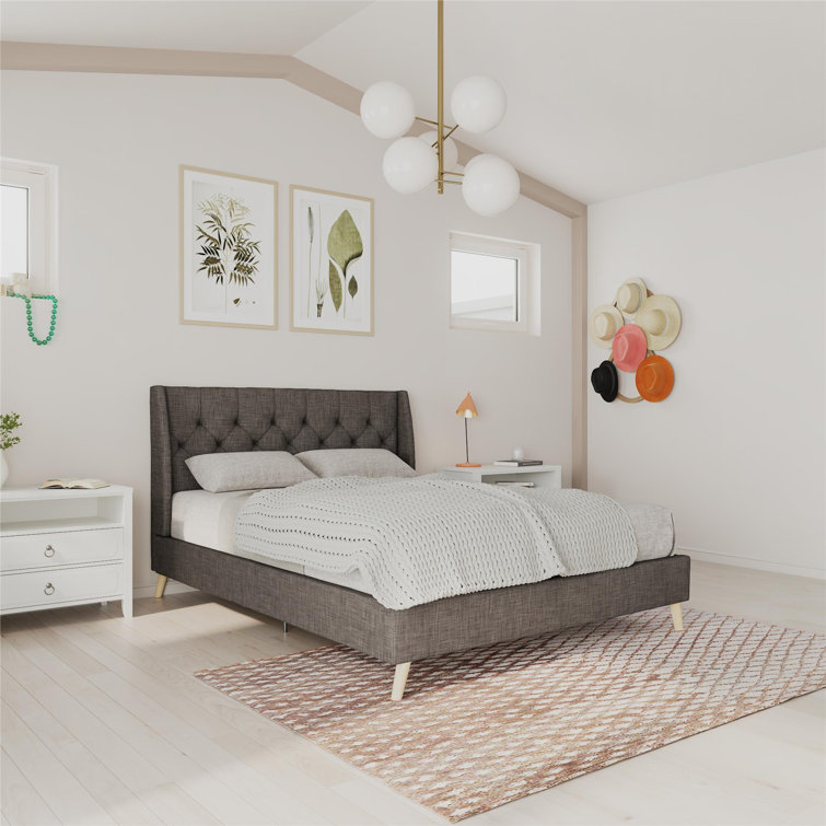 Gray Linen Tufted Upholstered Queen Bed with Wood Frame