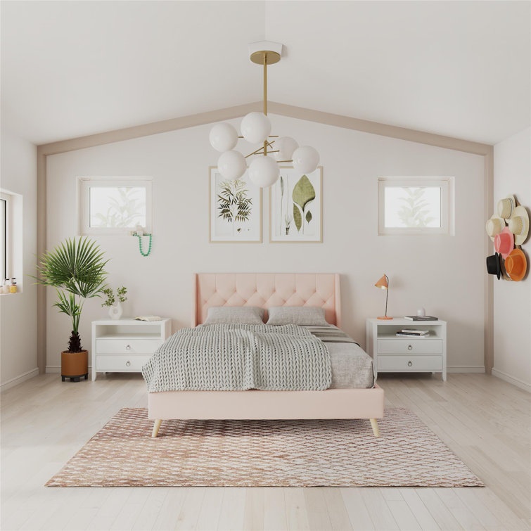 Elegant Gray Linen Upholstered Queen Platform Bed with Tufted Headboard