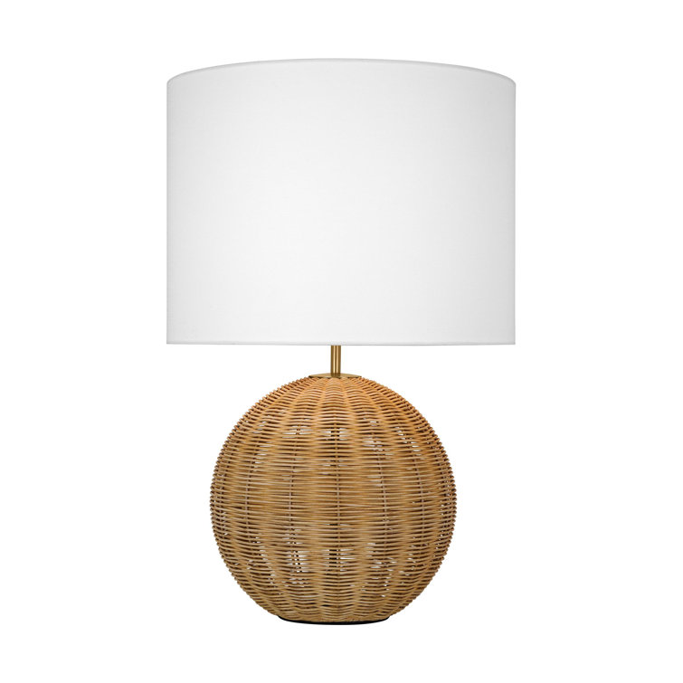 Mari Burnished Brass and Rattan Table Lamp with White Linen Shade
