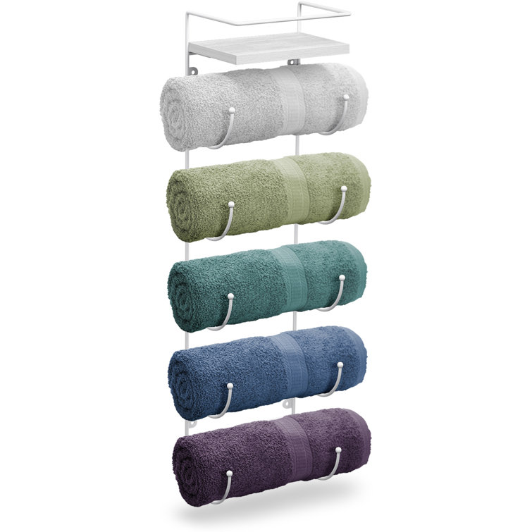 White Wall Mounted Towel Rack with Wooden Shelf