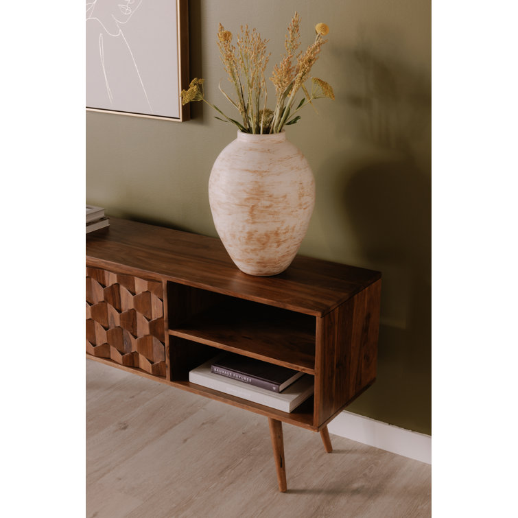 Mid-Century Modern Sheesham Wood 57'' TV Console with Fireplace