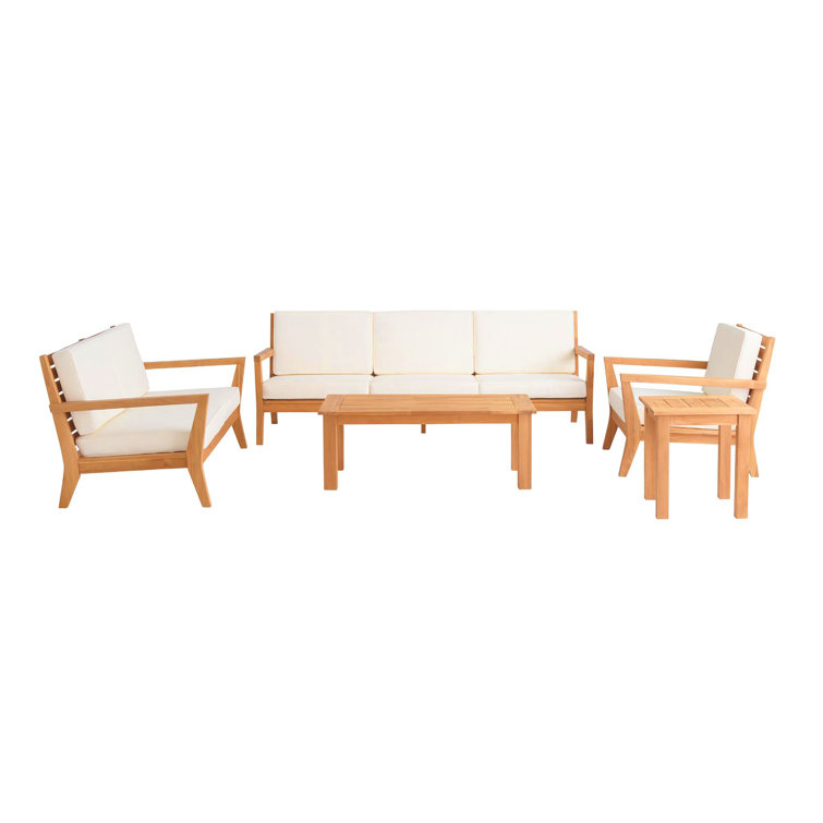 Natural Teak Wood Outdoor Loveseat with White Cushions