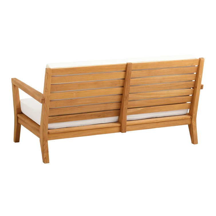 Natural Teak Wood Outdoor Loveseat with White Cushions