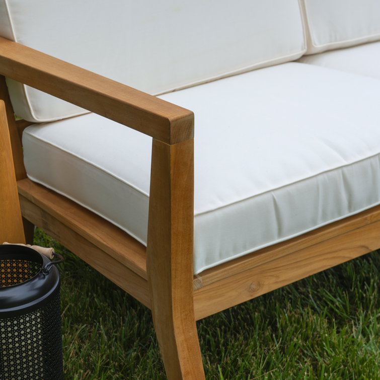 Natural Teak Wood Outdoor Loveseat with White Cushions