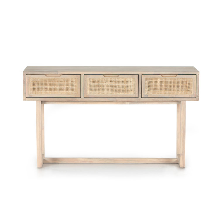 Mid-Century Modern Whitewashed Mango Wood Console Table with Cane Drawers