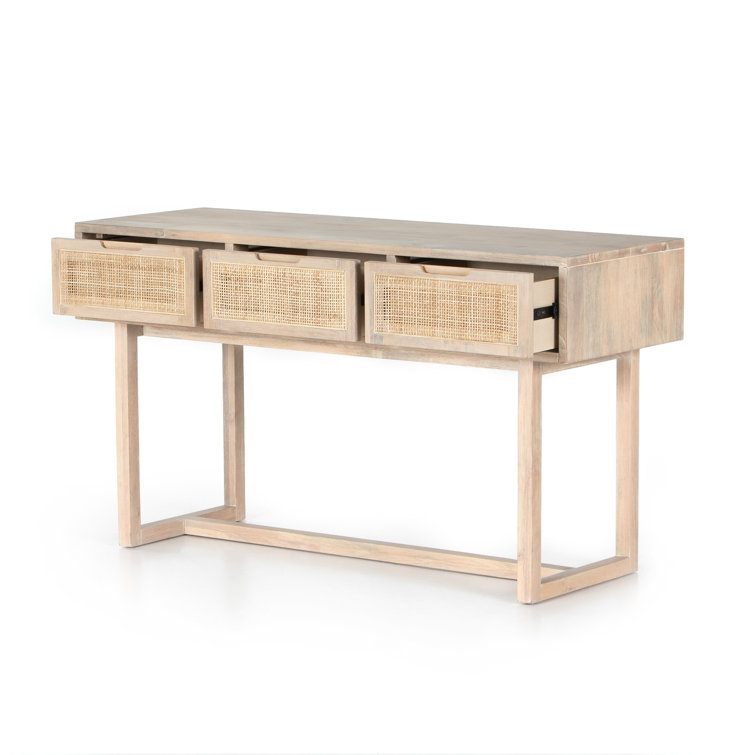 Mid-Century Modern Whitewashed Mango Wood Console Table with Cane Drawers