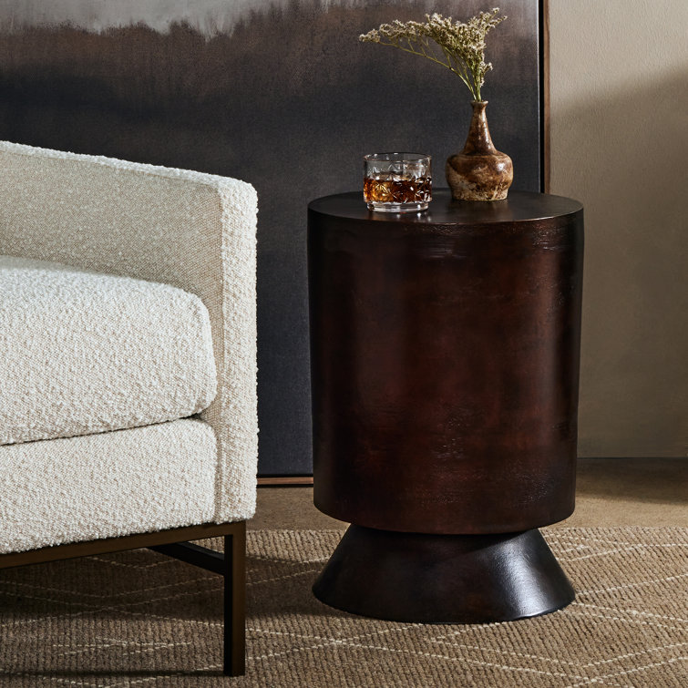 Contemporary Brown Stone & Metal Round Occasional Table